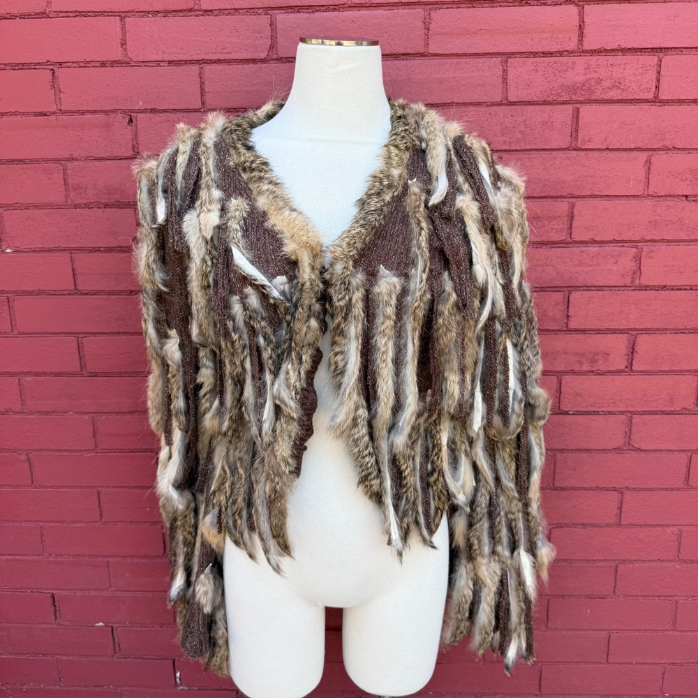 Radzoli Knit Rabbit Fur Trim Cardigan Sweater Jacket Size Large Wool Acrylic